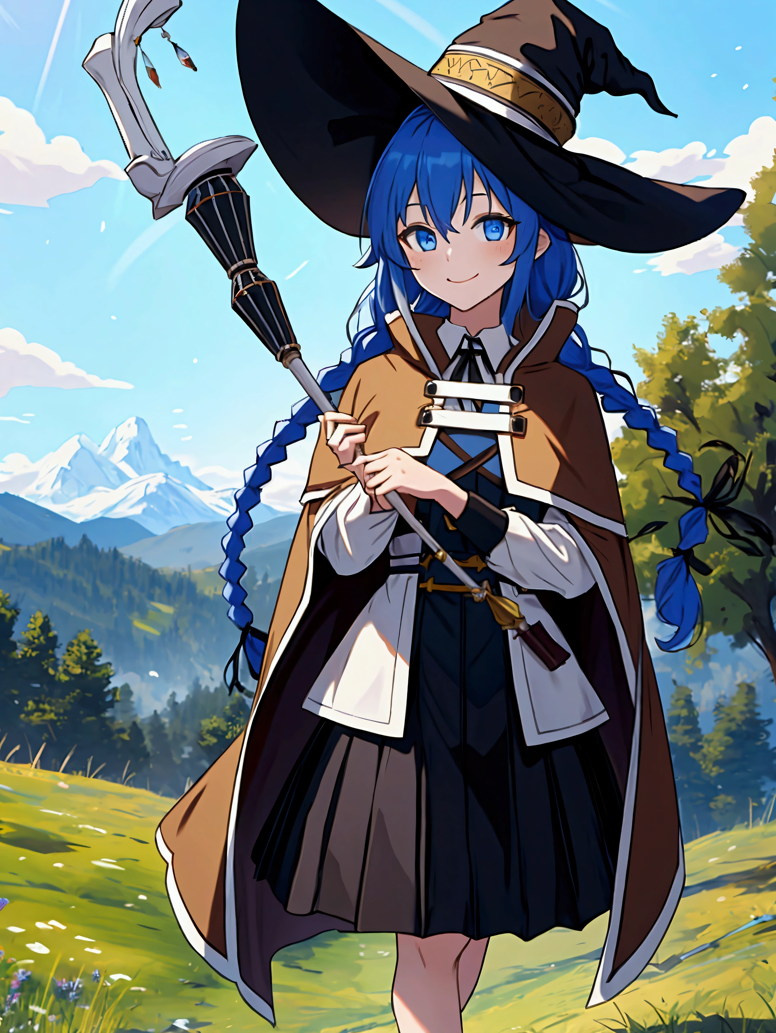 highres, hd, vibrant colours, absurdres, best quality, masterpiece, detailed, 1girl, solo, roxy migurdia, closed mouth, light smile, twin braids, long hair, blue hair, blue eyes, white dress, neck ribbon, black ribbon, black skirt, brown cape, standing, looking at the viewer, outdoors, grass, tree, mountain, staff, witch hat
