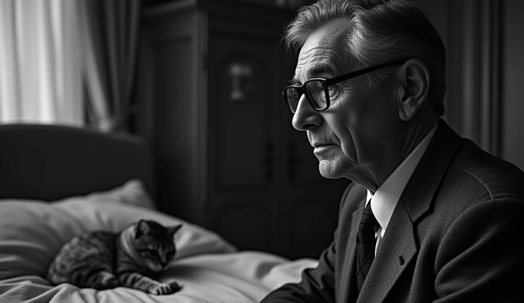 Black and white image with a thin, serene and contemplative elderly man and a woman asking him for help. He has short, dark, slightly gray hair, no beard and wears a classic 1930s suit, with small, square prescription glasses and a discreet tie. Cayce is with a cat near death in a bed from the same decade in an environment that looks like a house from that time. The soft, diffuse lighting highlights his face, transmitting an aura of wisdom and introspection. The scene has a nostalgic and mysterious tone, reflecting the enigmatic character of Cayce trying to save the cat.