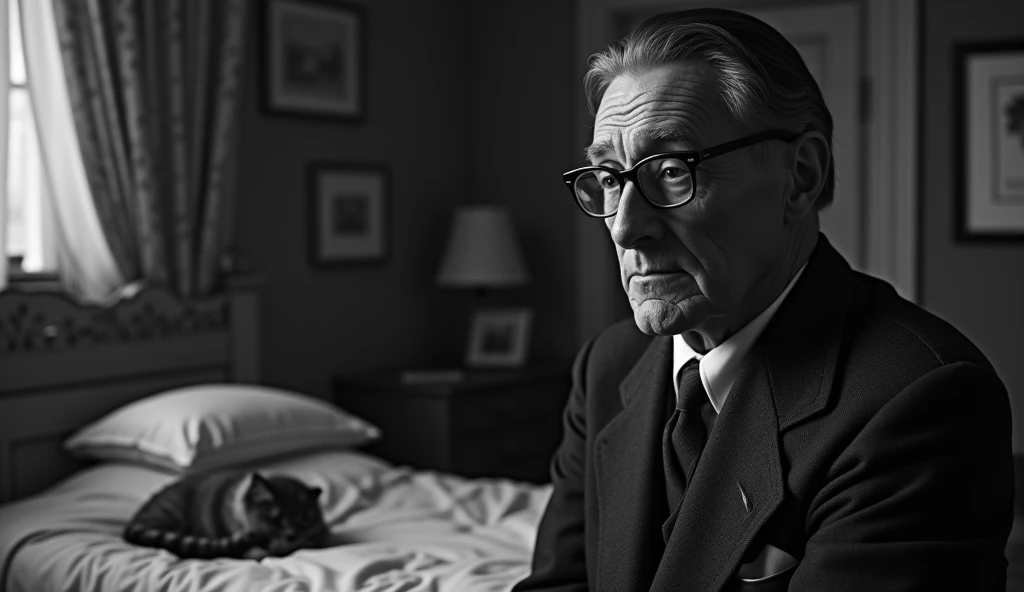 Black and white image with a thin, serene and contemplative elderly man and a woman asking him for help. He has short, dark, slightly gray hair, no beard and wears a classic 1930s suit, with small, square prescription glasses and a discreet tie. Cayce is with a cat near death in a bed from the same decade in an environment that looks like a house from that time. The soft, diffuse lighting highlights his face, transmitting an aura of wisdom and introspection. The scene has a nostalgic and mysterious tone, reflecting the enigmatic character of Cayce trying to save the cat.
