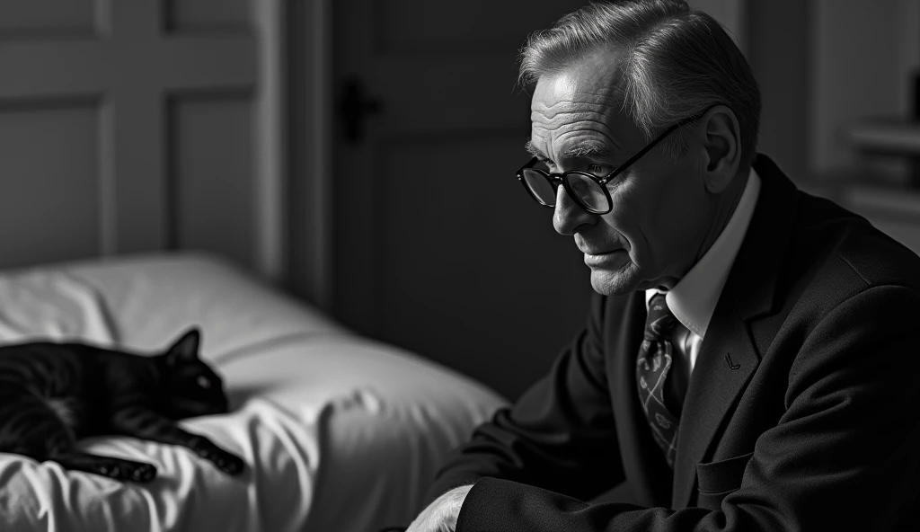 Black and white image with a thin, serene and contemplative elderly man and a woman asking him for help. He has short, dark, slightly gray hair, no beard and wears a classic 1930s suit, with small, square prescription glasses and a discreet tie. Cayce is with a cat near death in a bed from the same decade in an environment that looks like a house from that time. The soft, diffuse lighting highlights his face, transmitting an aura of wisdom and introspection. The scene has a nostalgic and mysterious tone, reflecting the enigmatic character of Cayce trying to save the cat.