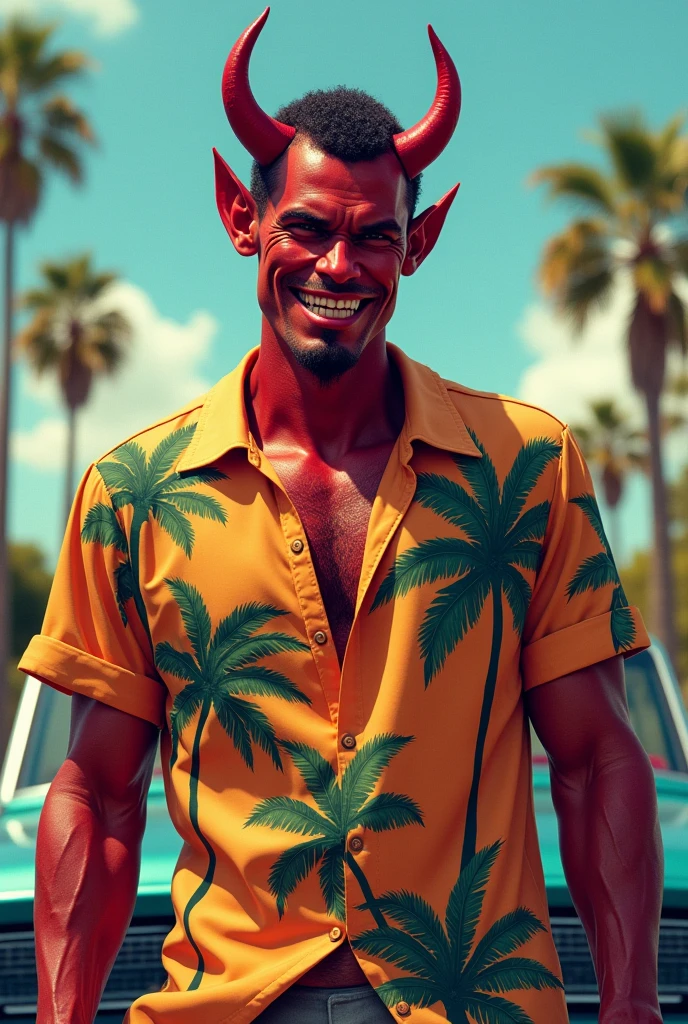 create an image of the devil with a Hawaiian shirt printed with a palm tree and an American car without horns without the red face