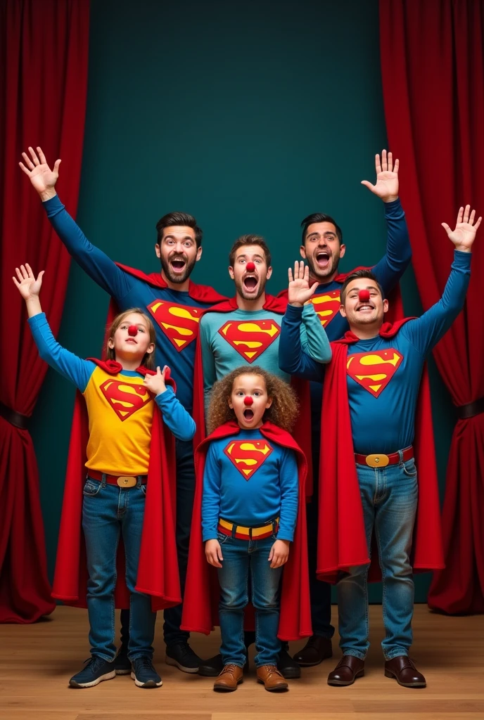 Group of 5 ordinary people, men, women and children, They are between 8 and 60 years old, dressed as superman with a cape, They wear colorful shirts, Each one wears a small red clown nose, Three of them have their arms raised, They have expressions of surprise and joy, They are standing in the middle of a theatre stage with the curtain open. 