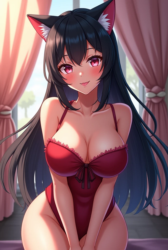 Anime Big Breasts, cat ears, from below, animated style, cheered up, Long hair, 1 girl, blush, black hair, Red eyes, tongue out, from behind, anatomically correct,