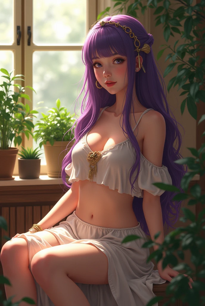beautiful woman, wearing loose off-shoulder top, skirt, long curly hair, indoors, soft lighting, plants in background, window with sunlight, cozy room, relaxed pose, realistic, intricate details, warm colors, by Greg Rutkowski, by Alphonse Mucha, anime, purple hair, big boobs