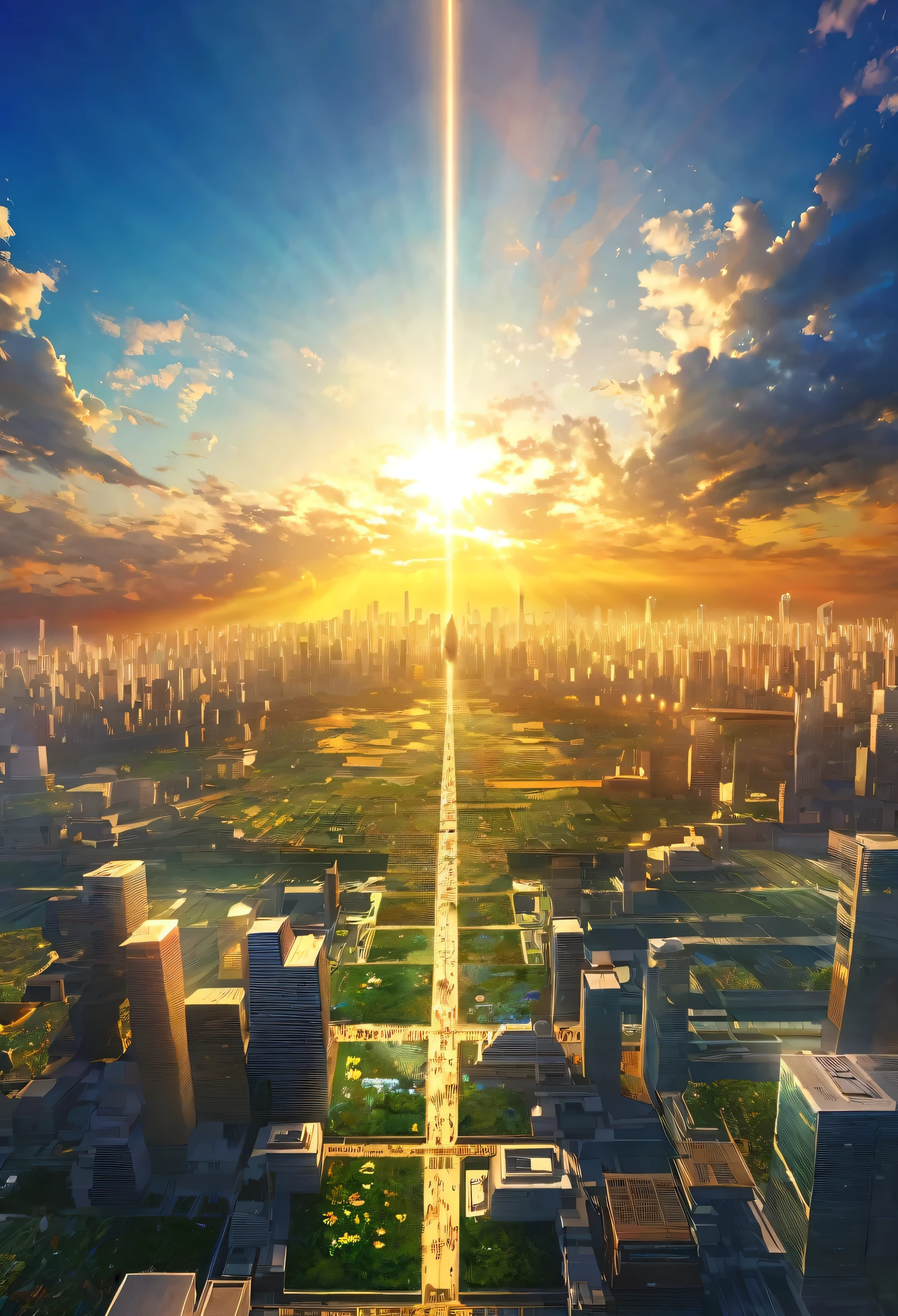 Mysterious city rising into the sky、digital art, The clouds clear and the shining sun appears, Ascension Day，golden sun、Empty City、god々Utopian、There is one relic。God floating in the air々Our Sky Garden、Angel Ladder、Future City、