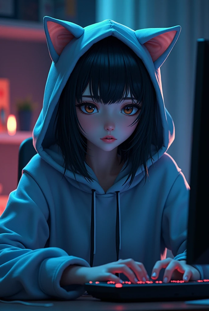 Gamer girl in a hood with cat ears ,with dark hair just below the shoulders, at the computer