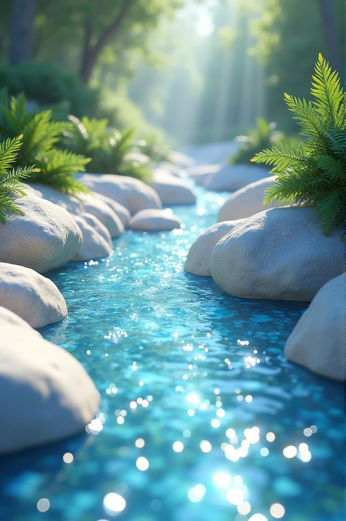 A beautiful stream full of crystals surrounded by white stones