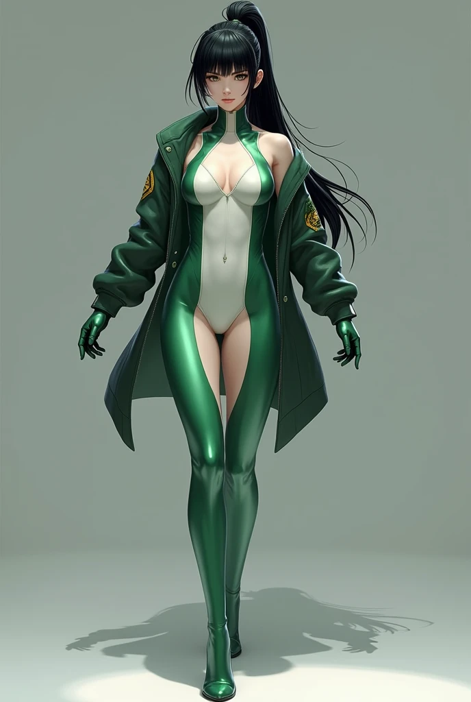 Eve, stellar blade, 8k,highres, 1girl, front lighting, simple background, gray background, looking at the viewer, jacket space green and white, bodysuit, black hair and dark black hair, fringe, hair tied in ponytail style, video game, heels, gloves, ass, boobs, honey colored eyes, white skin, korean