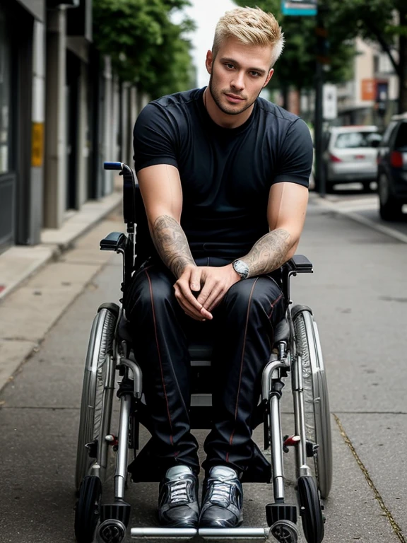 Handsome blond man, He is a wheelchair user, is sitting in a wheelchair with his hand on the wheels, paralyzed legs