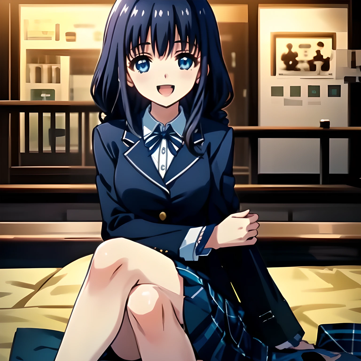 (highest quality, masterpiece, Full HD, High definition: 1.2), (Japanese Game CG art of beautiful giggling seated girl, charming me: 1.3), (Just one very beautiful date-game heroine who is looking and laughing at me, Very detailed cute **** heroine's eyes and face, Beautiful eyes with detailed: 1.0),  (Girl whom everyone loves because of her beauty and lovely fashion and noble manner. : 1.0),  (Very beautiful, wavy, cutely shining super-super-long blue hair, with elegant hair ribbons, spreading on whole the screen: 1.0), (Laughing very beautiful and lovely sapphire-blue intelligent eyes which charms and enslave me inevitably, with clearly detailed: 1.4), (Eyes are clearly detailed), (very long eyelashes: 1.0), (Noble black neat sailor-styled formal school uniform with a noble expensive ribbon on the chest: 1.0), (Charming neat blue & navy tartan-checkered pleated long school skirt: 1.5),  (Soprano singer of classic music: 1.0), (Can't stop giggling: 1.6), Clear skin