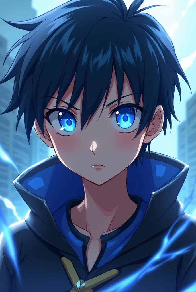 a anime character like sung jin woo with blue eyes pfp