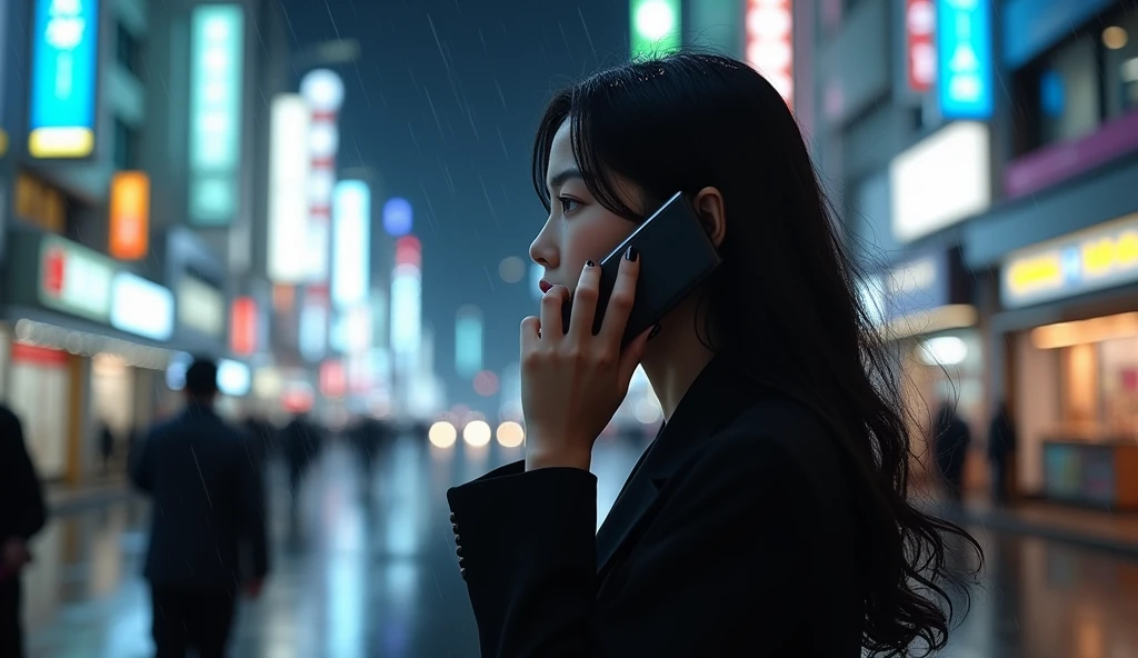 Asian woman 30 years old long black hair talking on a cell phone walking sideways profile on the streets of Tokyo at night in the rain wearing black clothes