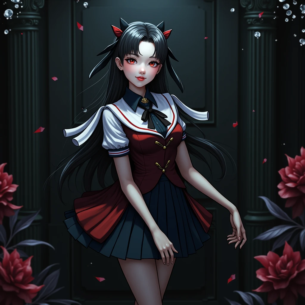 masterpiece, highres, high quality, extremly detailed, red miniskirt, black ribbon, white shirt, beautiful detailed eyes, beautiful detailed lips, extremely detailed face, long eyelashes, cute expression, school girl, standing pose, photorealistic, cinematic lighting, vibrant colors, intricate details, realistic rendering