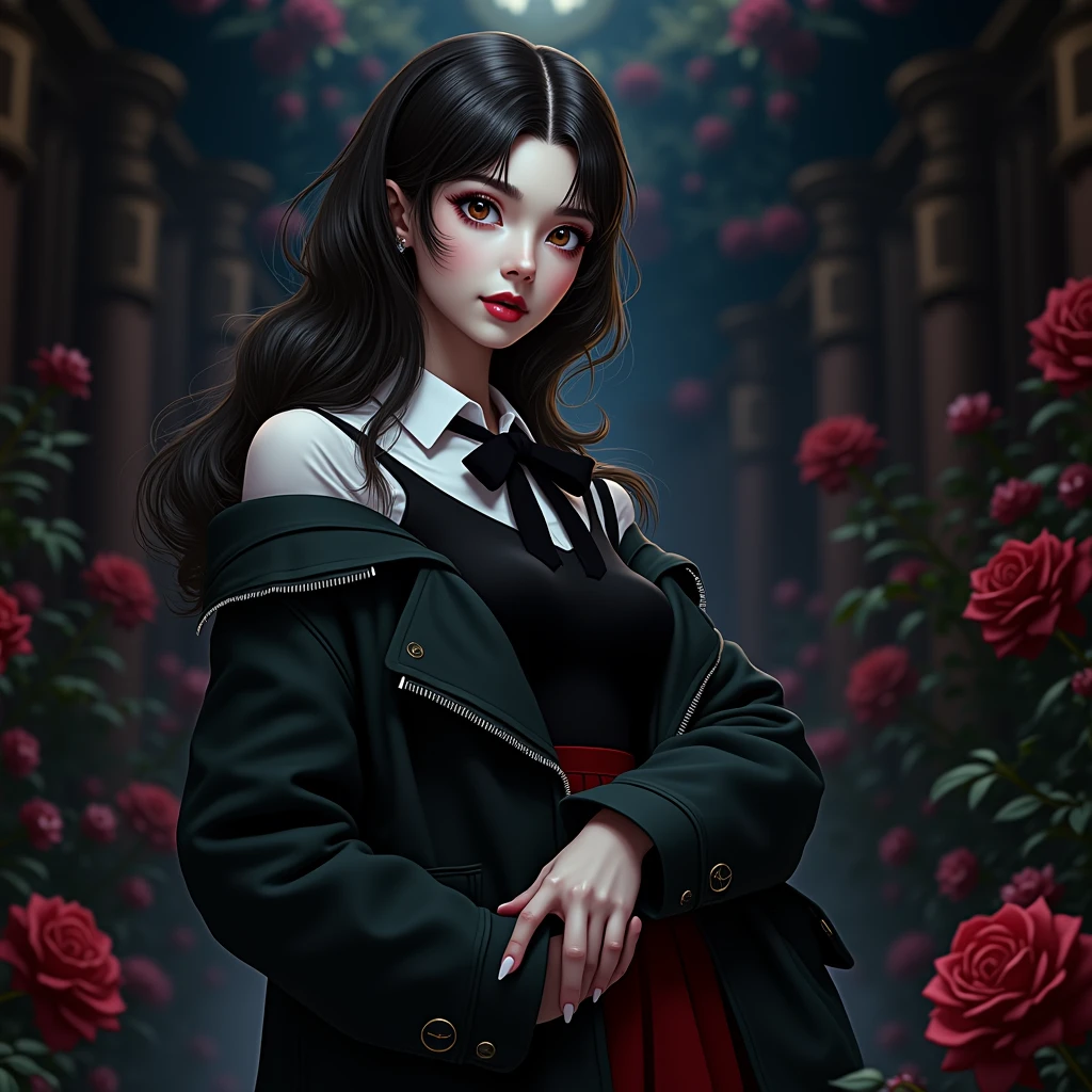 masterpiece, highres, high quality, extremly detailed, red miniskirt, black ribbon, white shirt, beautiful detailed eyes, beautiful detailed lips, extremely detailed face, long eyelashes, cute expression, school girl, standing pose, photorealistic, cinematic lighting, vibrant colors, intricate details, realistic rendering