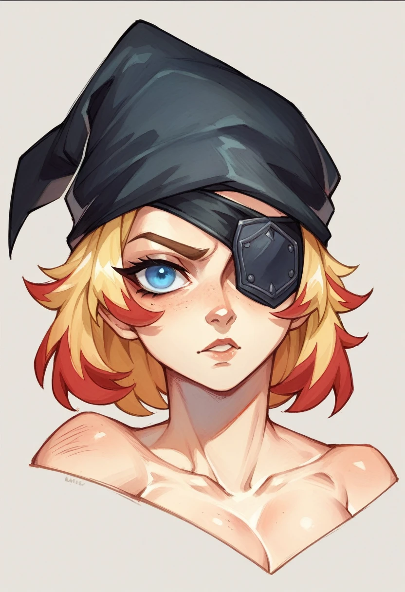 concept sheet ,a young Paladin woman, athletic blonde with red highlights, blue left eye, right eye towards,eye patch, medieval heroic fantasy,watercolor style, yellow and black clothing, black bandana on head, naked