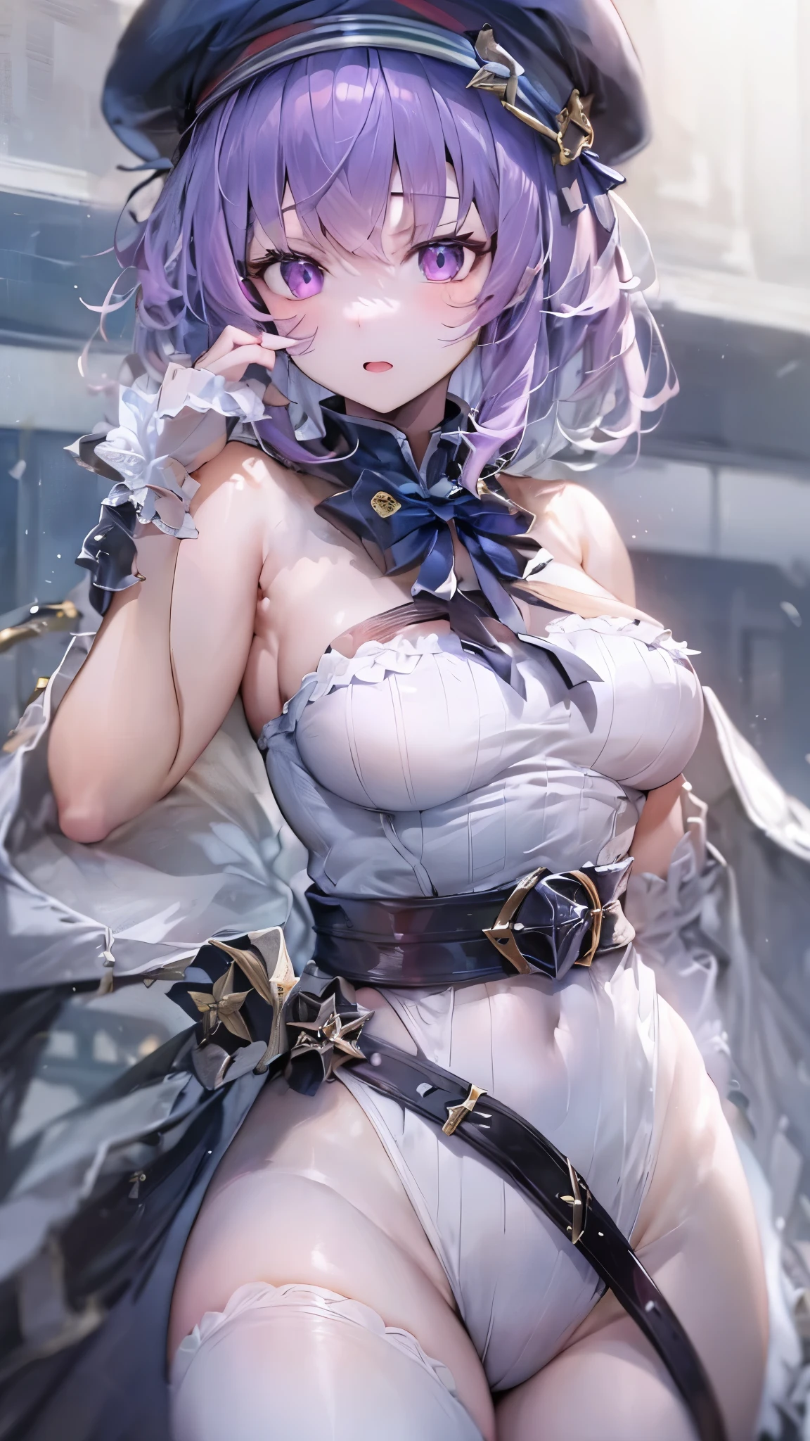 NSFW,masterpiece,Highest quality,High resolution,Very detailed,Helena Blavatsky\(Fate/grandorder\)、Purple Hair、short hair、（Purple eyes：1.1）、Shoulder Bare、belt、beret、ribbon、- Detachable collar、Removable sleeves、hat、leotard、紫色のhat、紫色のleotard、赤いbelt、白いribbon、White sleeves、