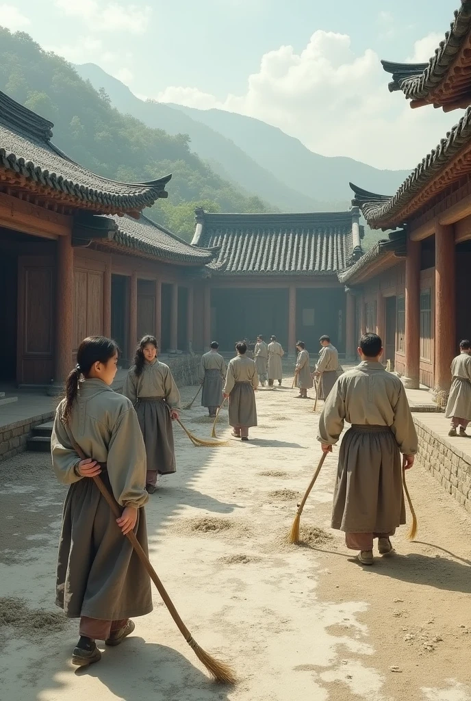 In the full Tang Dynasty, an open-earth courtyard, young women in gray work clothes, working outdoors, and middle-aged peasant men in rough gray work clothes are diligently working in the salt fields.