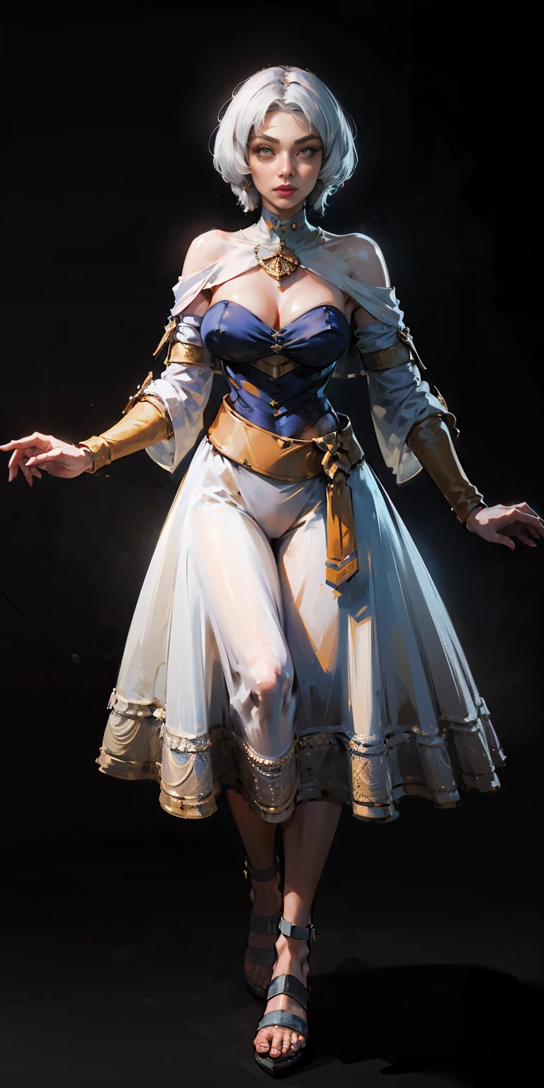 ((BLACK BACKGROUND,1:2, masterpiece)), full body MILF BIMBO standing with two long thighs and two metal sandals, red eyes, silver white hair, short bob style hair, big breasts, cleavage, separate sleeves, tiara royal, long cape up to two feet, hands on waist, navel