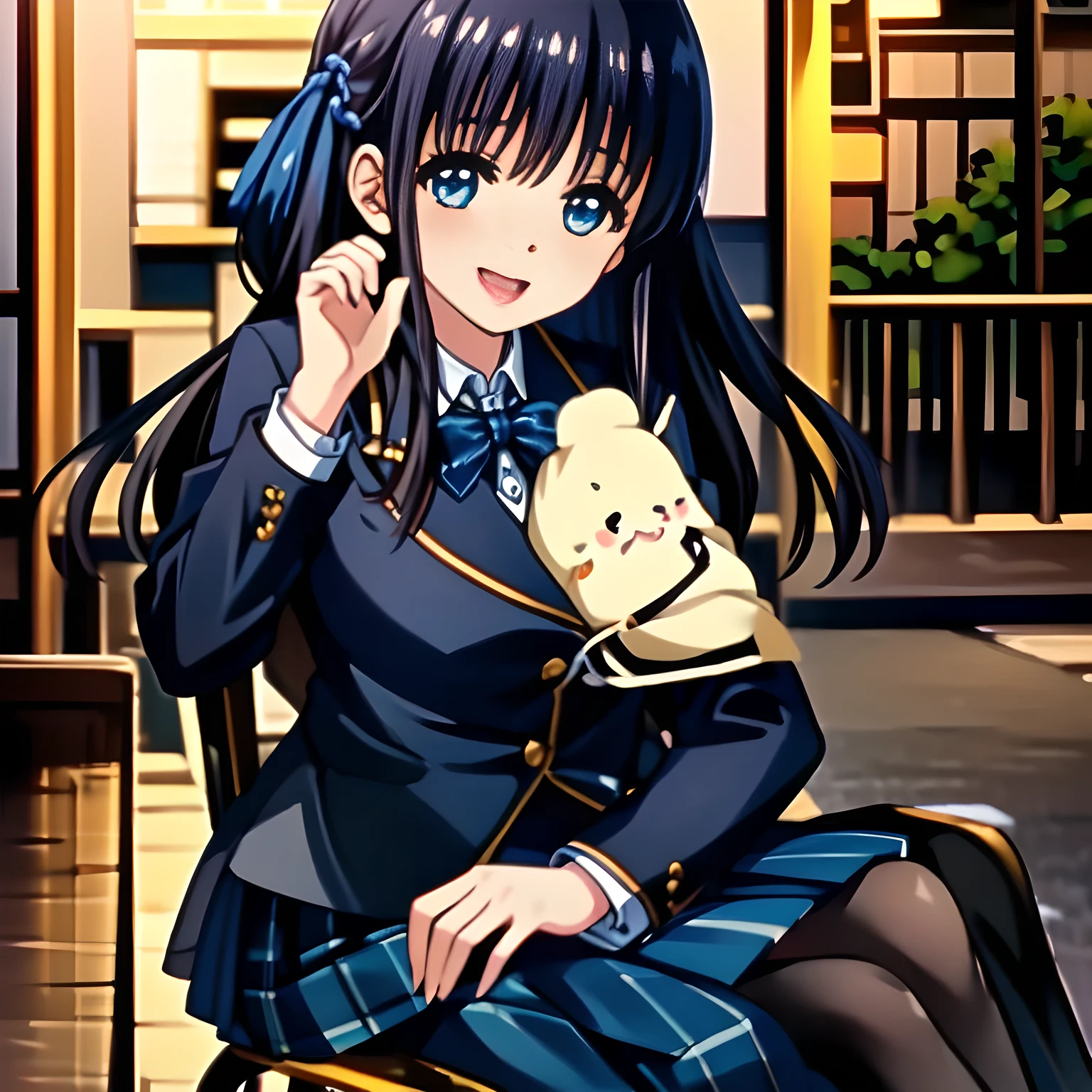 (highest quality, masterpiece, Full HD, High definition: 1.2), (Japanese Game CG art of beautiful giggling seated girl, charming me: 1.3), (Just one very beautiful date-game heroine who is looking and laughing at me, Very detailed cute yo heroine's eyes and face, Beautiful eyes with detailed: 1.0),  (Girl whom everyone loves because of her beauty and lovely fashion and noble manner. : 1.0),  (Very beautiful, wavy, cutely shining super-super-long blue hair, with elegant hair ribbons, spreading on whole the screen: 1.0), (Laughing very beautiful and lovely sapphire-blue intelligent eyes which charms and enslave me inevitably, with clearly detailed: 1.4), (Eyes are clearly detailed), (very long eyelashes: 1.0), (Noble black neat sailor-styled formal school uniform with a noble expensive ribbon on the chest: 1.0), (Charming neat blue & navy tartan-checkered pleated long school skirt: 1.5),  (Soprano singer of classic music: 1.0), (Can't stop giggling: 1.6), Clear skin