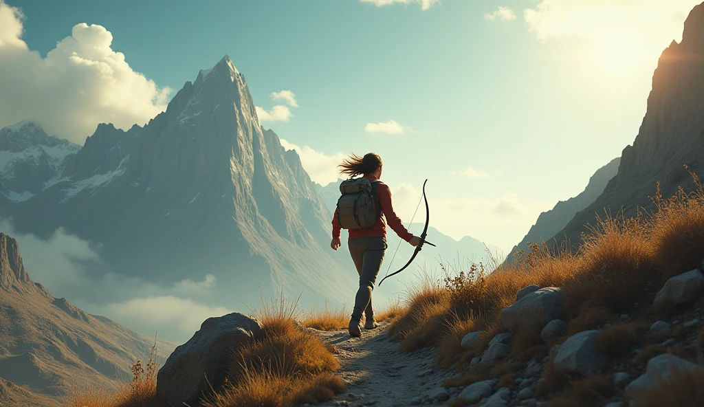 An adventurous scene of a Sagittarius figure on a journey, perhaps climbing a mountain or exploring new terrain, symbolizing their love for freedom and exploration. The atmosphere should be expansive and exhilarating. --ar 16:9