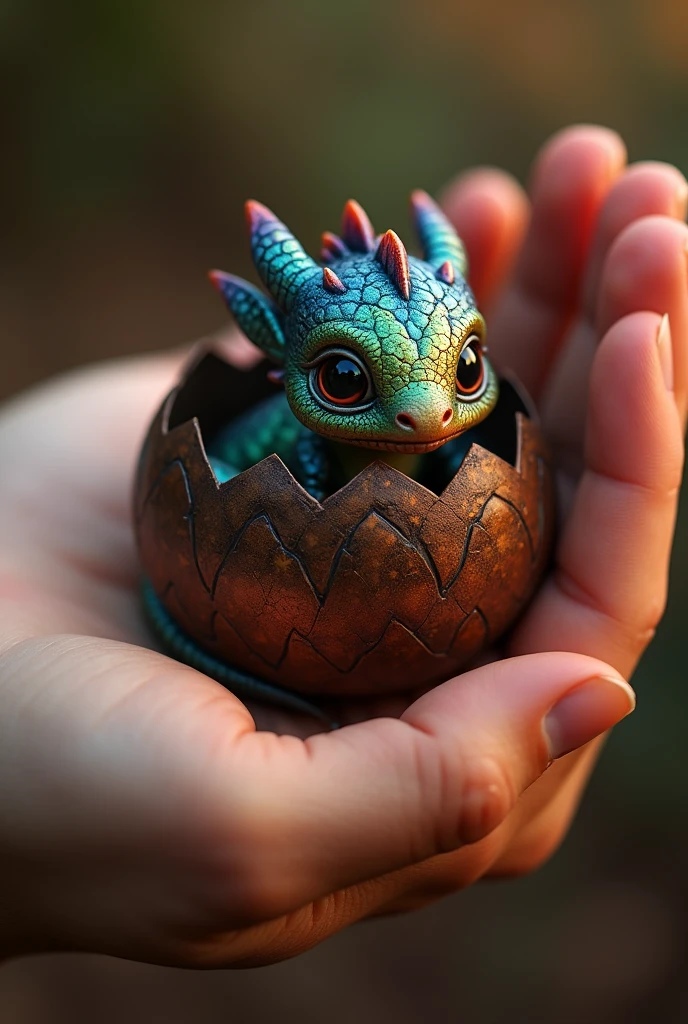 A baby dragon And the egg shell , Made of Black coffee beans, in the palm of the hand, Baby dragon,
