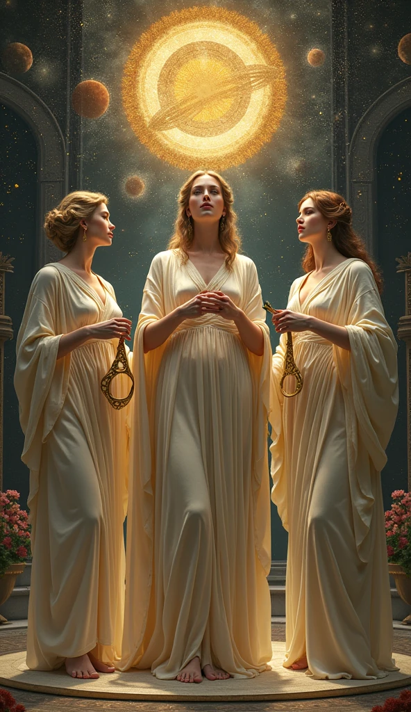 Las Moiras, The three goddesses who weave the existence of men and gods, each one in her task, one spinning the thread, another measuring the length of the thread and the third with scissors cutting the thread, according to Greek mythology.