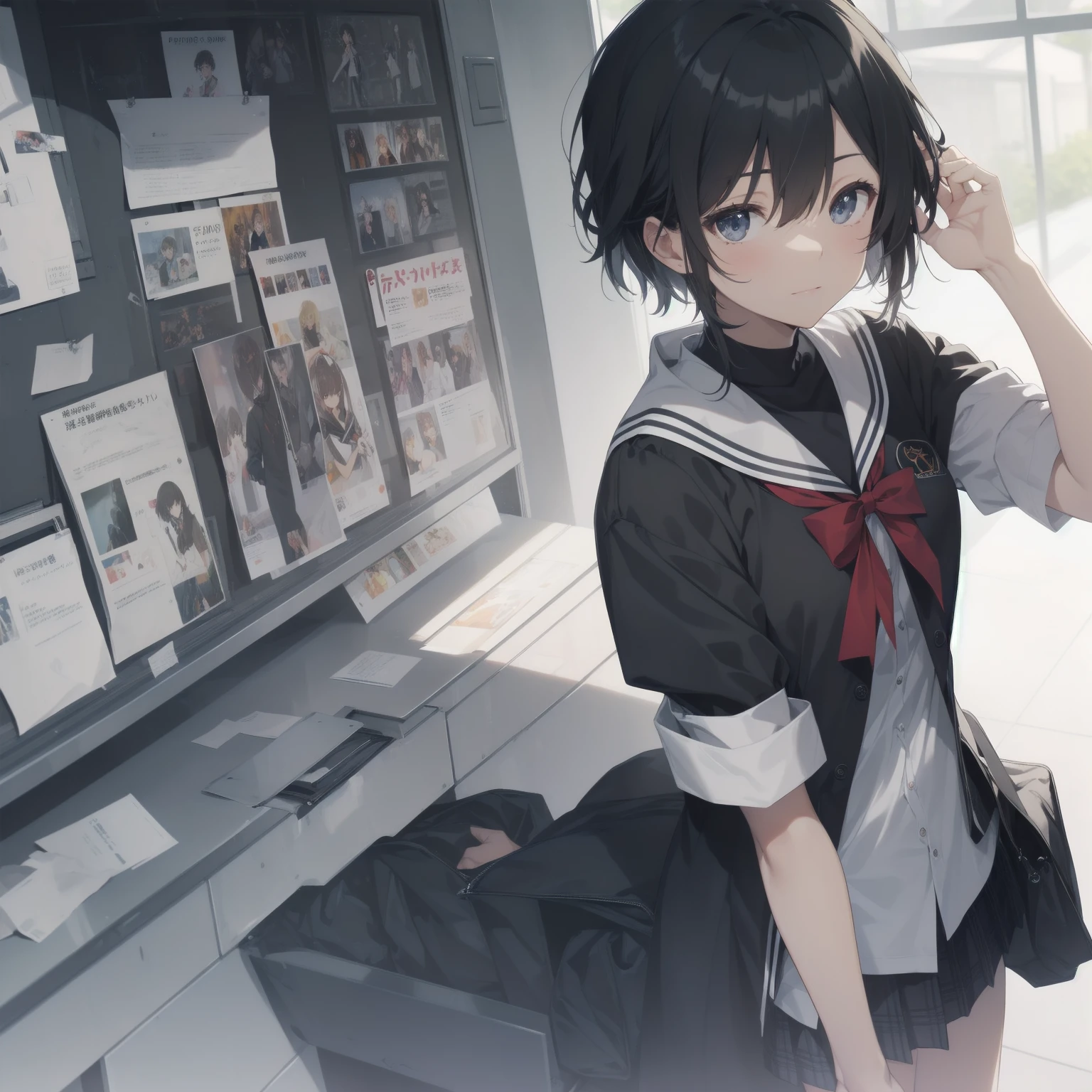 ultra-absurdres-Top quality by artist God, ultra-detailed, high resolution, anime moe artstyle, best anime 8k konachan wallpaper, pixiv contest winner, pool:2810, perfect anatomy,break, 1girl, (Please draw a girl walking sleepily to school alone. )break,(Solo,little female,15yo:1.3),Full limbs, ,a junior high school student, (very short hair), short cut, flat chest, , small butt, small black eyes, beautiful detailed eyes, well-proportioned iris and pupils, expressive eyes, highres detailed hair, soft expression, salor school_uniform, sailor collar, serahuku, bow, pleated skirt,(Detailed Lighting), (Detailed background), in the School commute route. break,super detailed skin, Best cinematic lighting powered by famous artist, 8k,beauty illustration,photoshop_(medium),very aesthetic,break,((artist:takeuchi_takashi )), artist:clamp ,artist:carnelian ,artist:kantoku ,