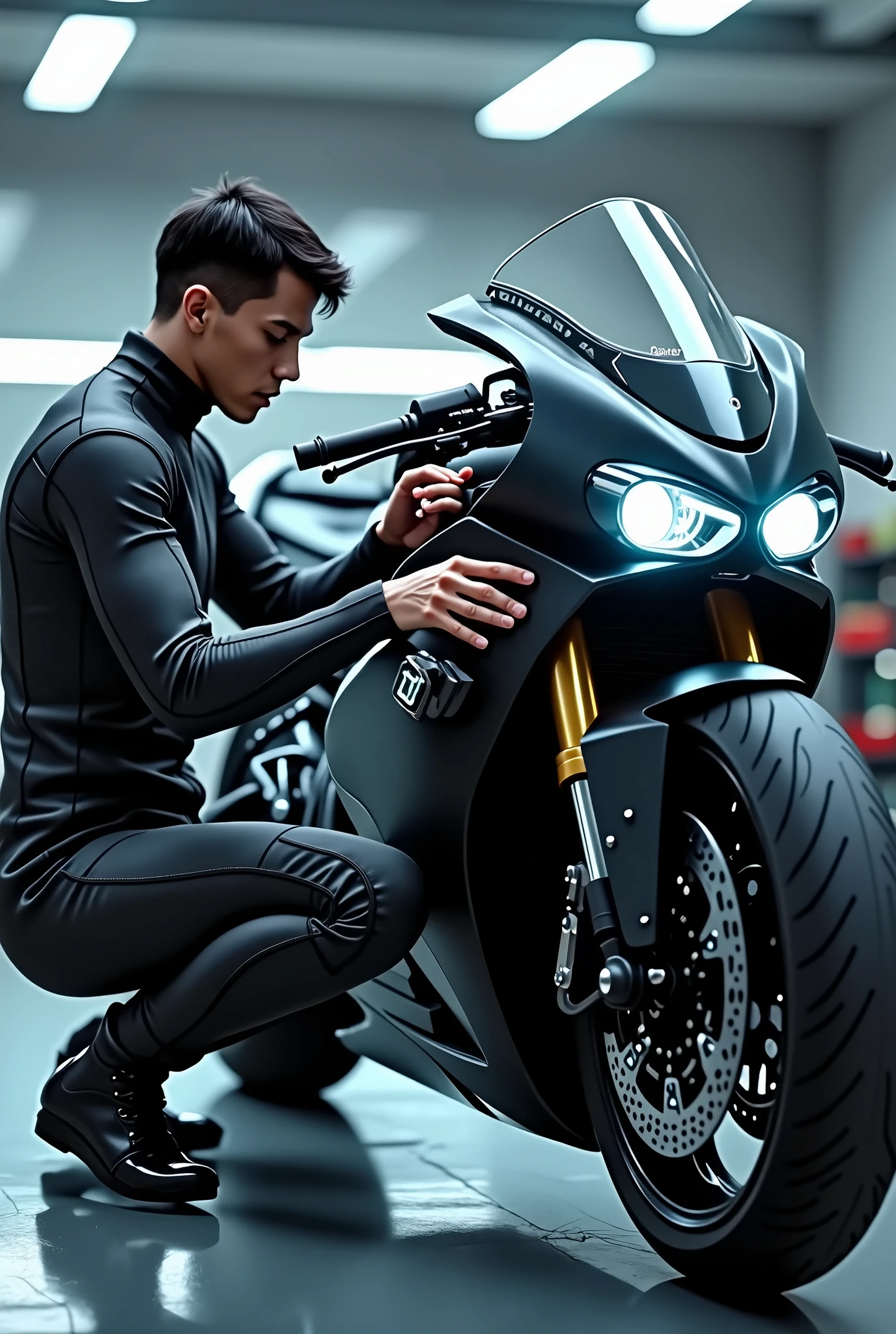 Create a realistic avatar image, fixing the wheel of a futuristic motorcycle
