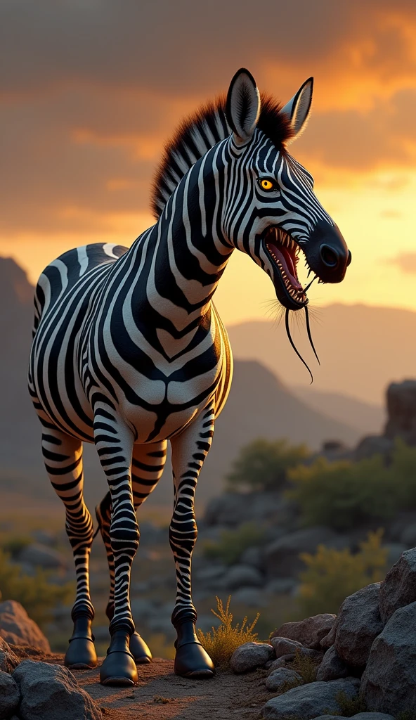 This is a digital image of the body of a zebra with the head of a white-toothed viper walking on rocky ground.   The viper is facing the right side of the image, with its mouth wide open, releasing sharp teeth and sharp claws.  And its eyes are yellow.   The background is a dark orange sky from sunset.   The land is covered with rocks and boulders and there are some trees and mountains in the distance.   The general feeling of the image is fierce and powerful.