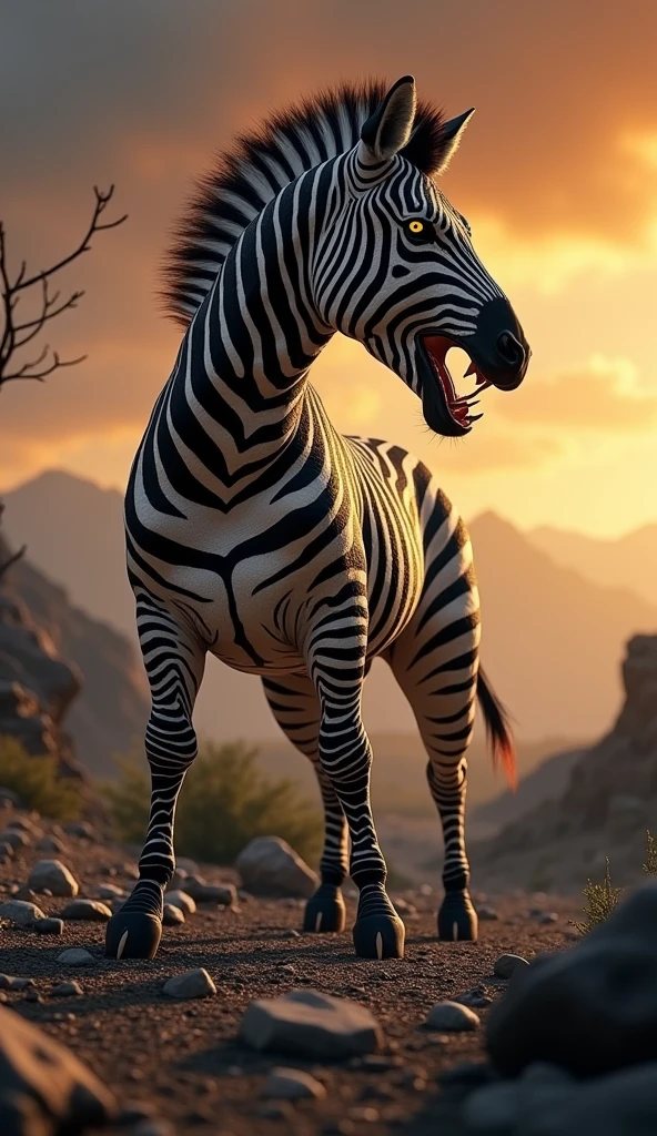 This is a digital image of the body of a zebra with the head of a white-toothed viper walking on rocky ground. The viper is facing the right side of the image, with its mouth wide open, releasing sharp teeth and sharp claws. And its eyes are yellow. The background is a dark orange sky from sunset. The land is covered with rocks and boulders and there are some trees and mountains in the distance. The general feeling of the image is fierce and powerful.