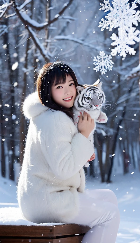 An Asian woman sits amidst a large number of snowflakes in a snowstorm valley, as a large, fat white tiger leaps towards her.