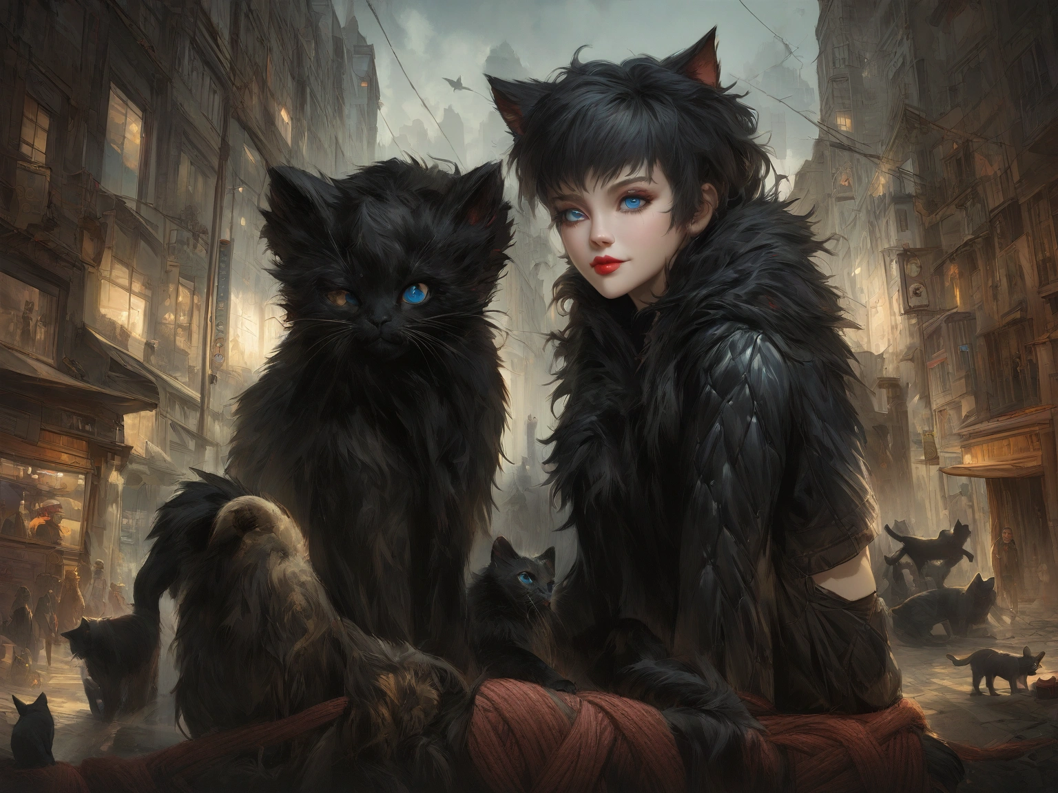 A black cat with blue eyes is wearing a leather jacket。, Digital art by Emma Andiewska, CG society hot topic, fur art, New Cat Movies, A black cat in the city made of yarn, Awesome CGI, Surreal, Anthropomorphic cat, Realistic CGI, anthropomorphic female cat, Surreal, hyperRealistic CGI