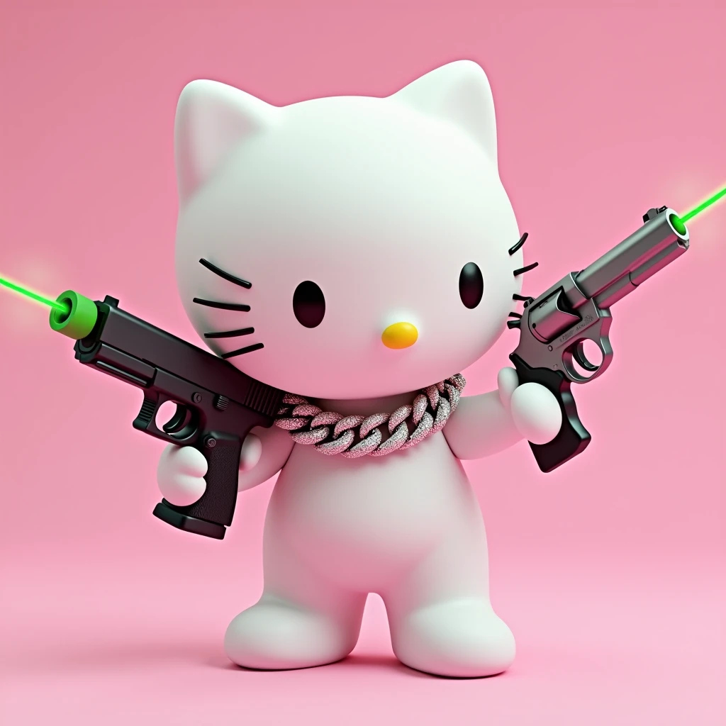 (Hello Kitty white) (3D format) (empty pink background) She has some diamond Cubans on her neck, In his left hand he has a black Glock. This Glock has a very powerful green laser., and in the other right hand he has a model 38 revolver, color gris (He is pointing the .38 revolver at the sky)