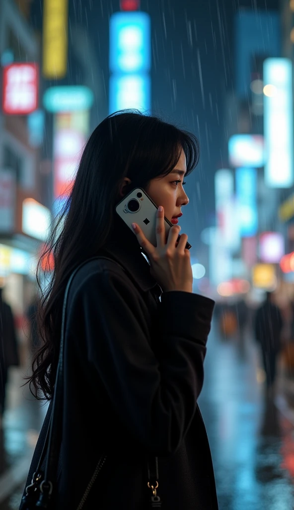 Asian woman 30 years old long black hair talking on a cell phone walking sideways profile on the streets of Tokyo at night in the rain wearing black clothes