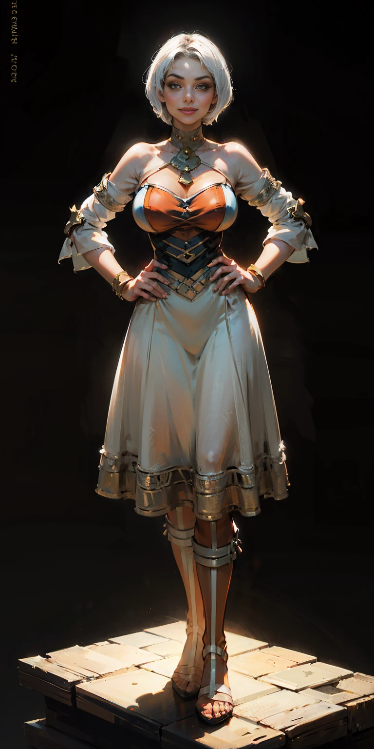 ((BLACK BACKGROUND,1:2, masterpiece)), full body MILF BIMBO standing with two long thighs and two metal sandals, woman full body toe to head, short bob hair, white hair, feet together, high boots, big breast big knockers, hands on hips, red tattoo on belly navel, lustful smirking smile face