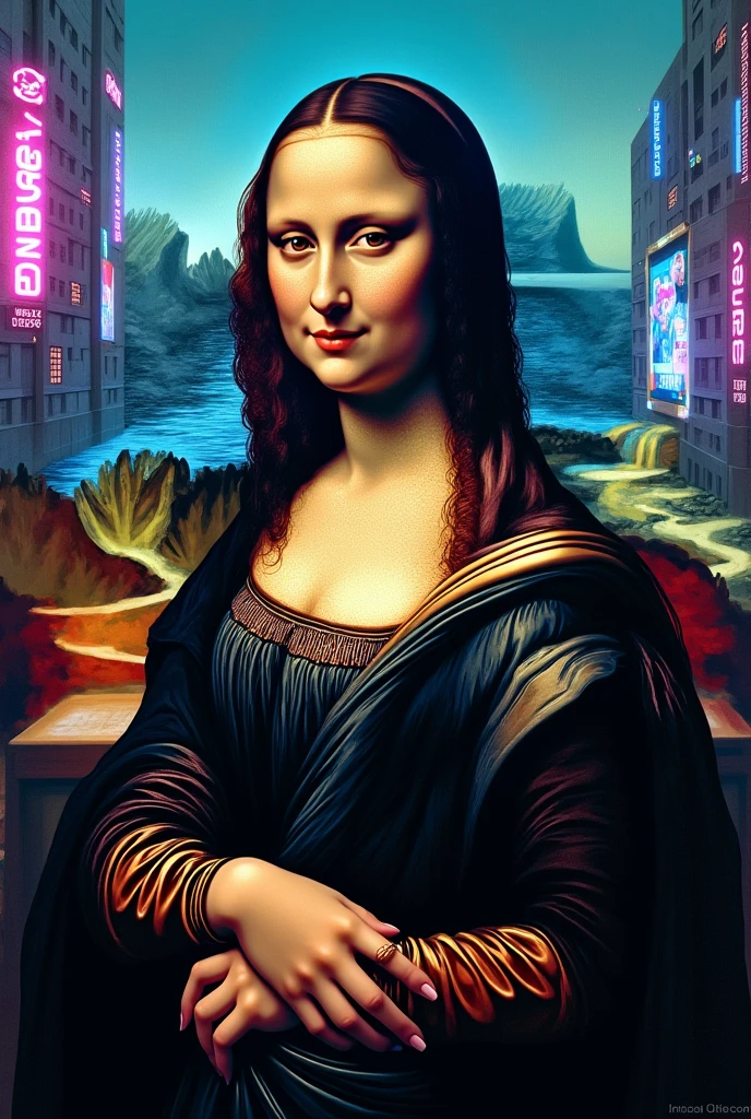 Design a reimagined Mona Lisa in a cyberpunk aesthetic, blending traditional Renaissance elements with modern, high-tech features. The character should retain the mysterious expression and pose of the original, but her attire and surroundings are infused with futuristic elements: neon lights, holographic displays, and metallic textures. The background depicts a bustling, dystopian cityscape, with dark alleys and towering skyscrapers illuminated by vibrant, glowing advertisements. The color palette should mix classic tones with neon blues, purples, and pinks, reflecting the clash between old-world art and a cyberpunk future.