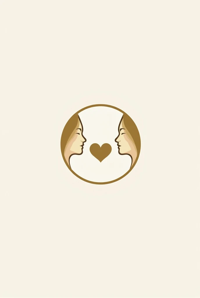 Make me a logo for a nursing clinic specializing in transgender people, that has two faces in profile, one with its back to the other, with a heart in the middle, delimited by a golden circle, make it minimalist, with fine lines and light colors, aesthetic and elegant.