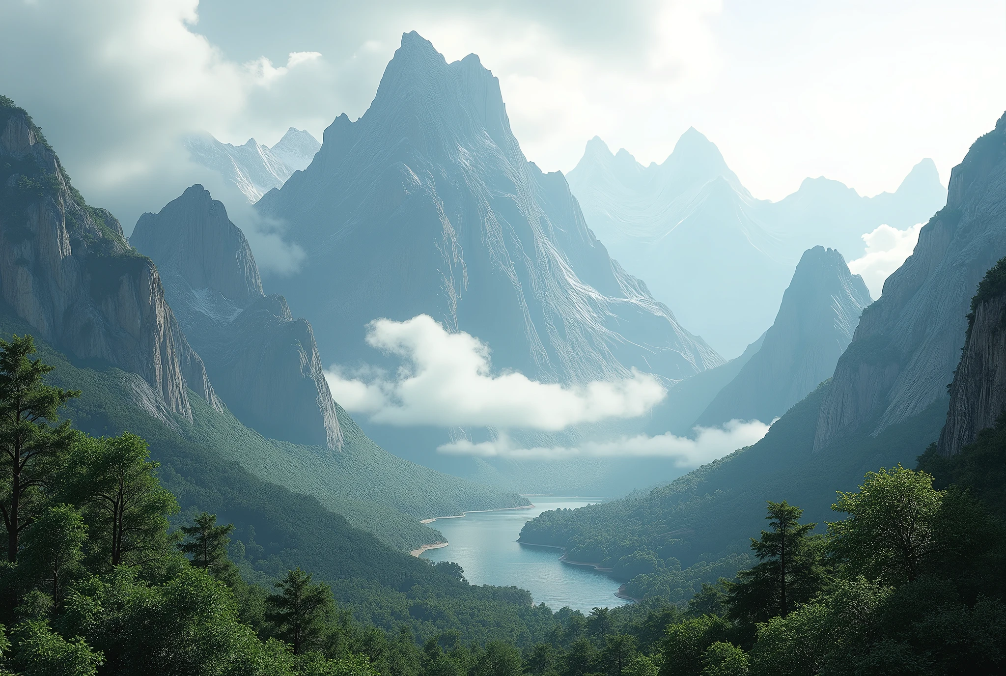 Create a stunning, hyper-realistic, AI-generated artwork of a mountainous natural habitat. The scene should feature multiple mountains in the background, creating a dramatic and expansive landscape. The sky should be overcast with clouds, adding a sense of atmosphere and depth to the scene. The surrounding vegetation should be lush and green, reflecting a rich, verdant environment.

Emphasize details such as the rugged terrain of the mountains and the dense foliage. The lighting should be soft and diffused, reflecting the cloudy sky and enhancing the natural beauty of the mountainous backdrop.

The style should be hyper-realistic yet artistic, capturing the grandeur and serenity of this elevated, natural setting. The final artwork should be high-resolution and visually striking, showcasing the impressive landscape and its atmospheric elements.