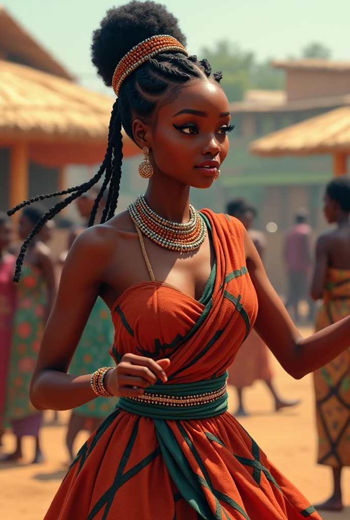 Generate a realistic and consistent image of Nma, a very beautiful 2 Nigerian princess, tying a scarf around the chest and waist, decorated with beads in her hair and at her waist, dancing in the village square 
