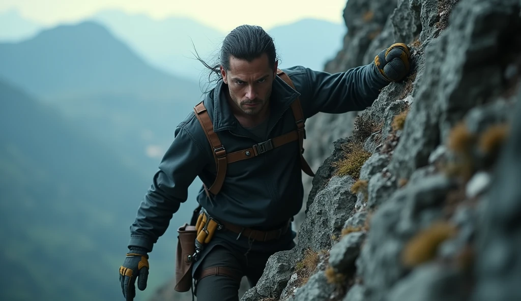 A focused and determined scene of a Capricorn individual working diligently on a significant project or climbing a steep mountain, reflecting their ambition and perseverance. The mood should be disciplined and driven. --ar 16:9