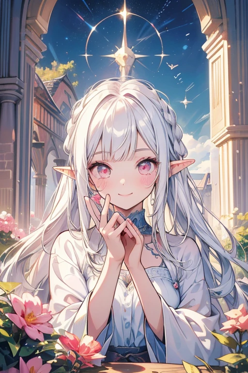 masterpiece, best quality, 1girl, ultra detailed, ultra highres, well-definded facial features, anatomically correct, cute girl, long pointy ears, elf, nice face,white hair, pink eyes,smile, reaching out, garden