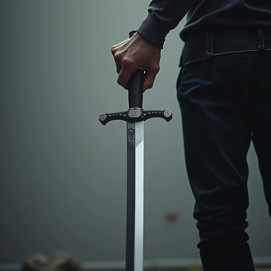 Taking out a modern sword is seen from when the sword is being held, only the sword is shown