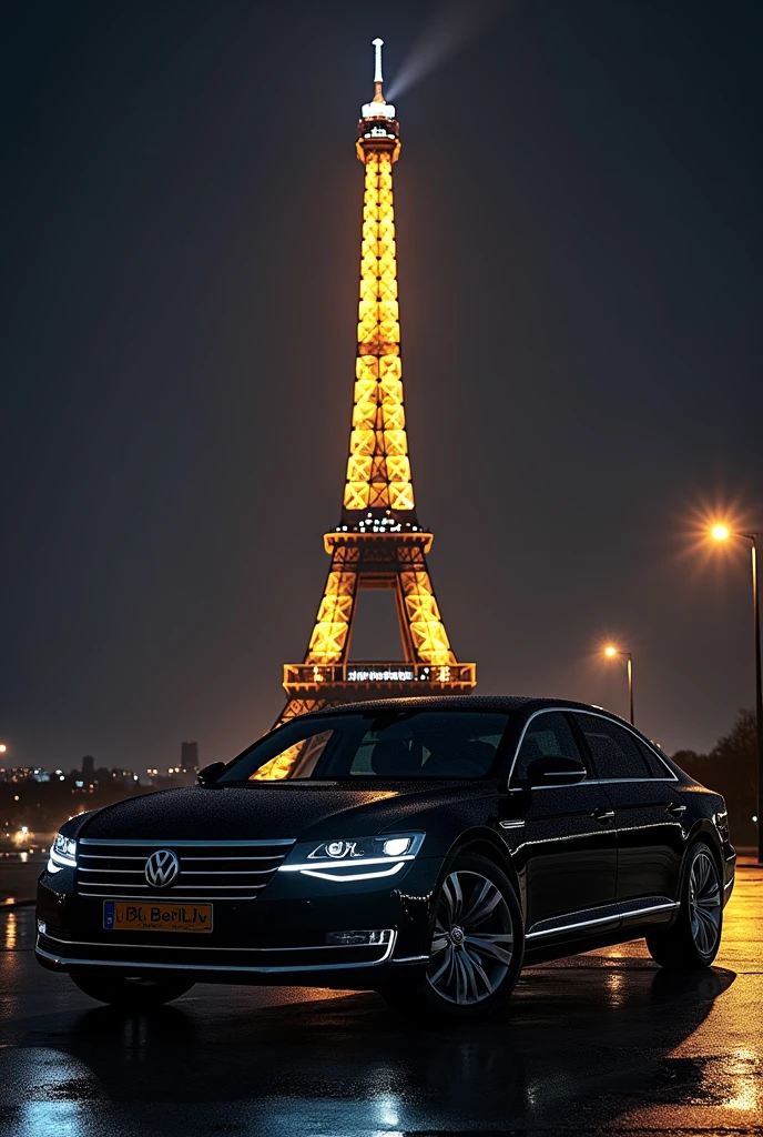 Black VW Phaeton built in 2008 at night in front of the Eiffel Tower 
