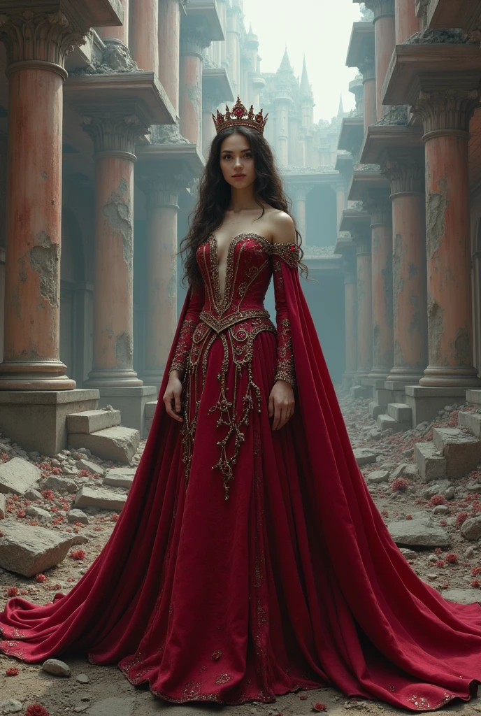 A brunette teenage duchess in a destroyed red silver castle with a ruby crown