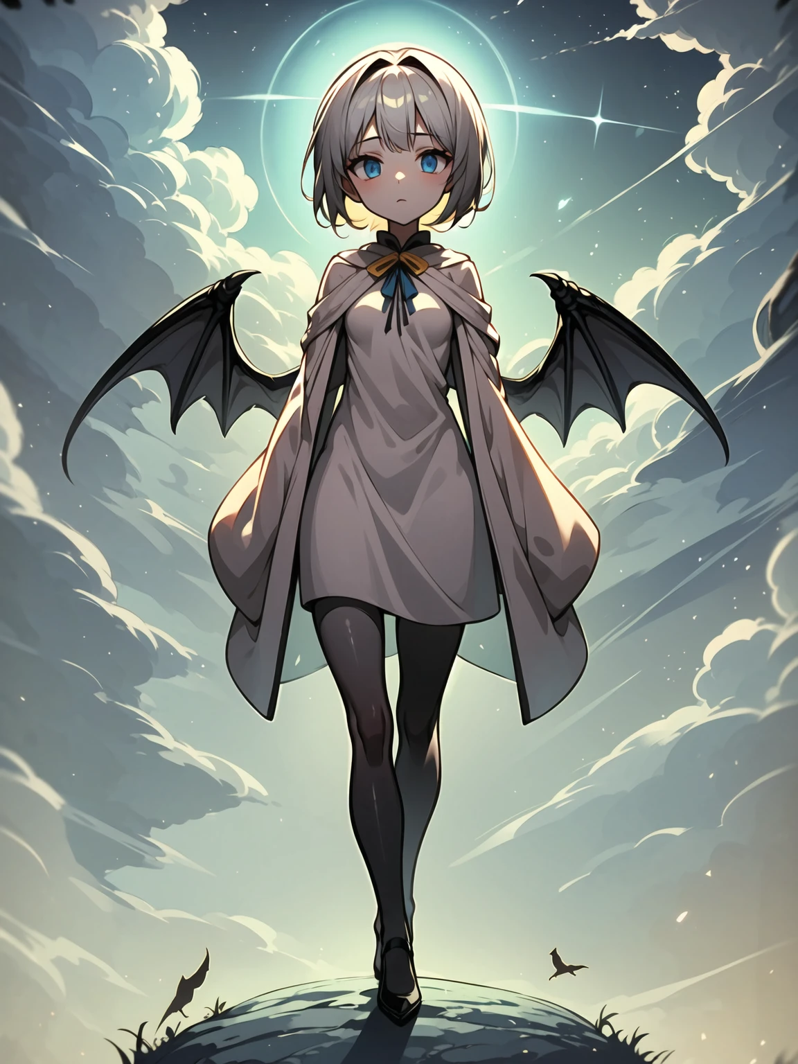 (((masterpiece, best quality, 8k))), celestial female warrior, (full-body), radiant white dragon armor, adorned with glowing angelic symbols, ethereal white light emanating from her, long flowing platinum hair, delicate strands catching the divine light, serene and confident expression, piercing ice-blue eyes, walking through a heavenly realm of floating islands, bathed in a soft golden glow, dragons with luminescent wings soaring in the dawn sky, light beams and clouds swirling around, (celestial lighting, soft white radiance)