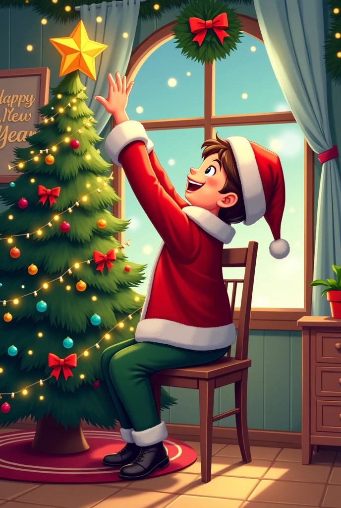 in Christmas costume sits on chair to put star on Christmas tree Joy, high detail vector cartoon and happy new year sign