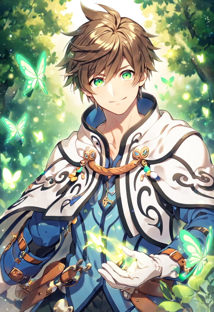 absurdres, highres, ultra detailed, HDR, master piece, best quality, extremely detailed, detailed eyes, Sorey, brown hair, expressive green eyes, Tales Of Zestiria, solo, sexy man, sensual, handsome, smile, manly man, blue clothes, white cape, white gloves, under a green tree, fantasy, magical, glittering fireflies, green butterflies, green flames, magic, green leaves