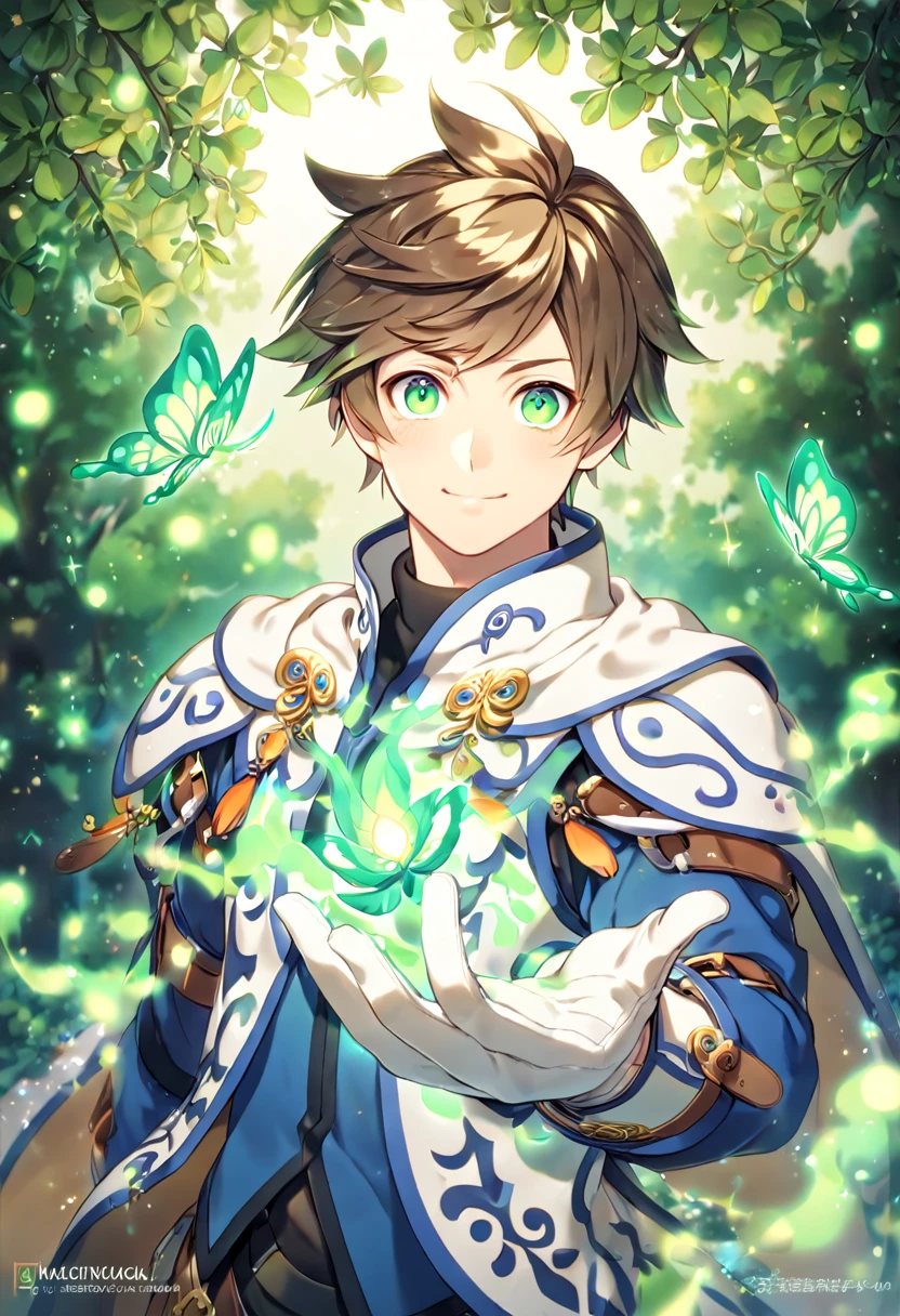 absurdres, highres, ultra detailed, HDR, master piece, best quality, extremely detailed, detailed eyes, Sorey, brown hair, expressive green eyes, Tales Of Zestiria, solo, sexy man, sensual, handsome, smile, manly man, blue clothes, white cape, white gloves, under a green tree, fantasy, magical, glittering fireflies, green butterflies, green flames, magic, green leaves