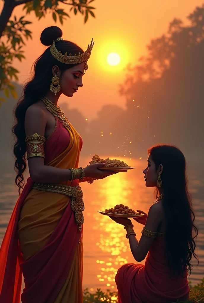 cinematic animated character art, Silhouette of indian godess of food Annapoorna giving food to a beggar, backview of beggar with long hair, godess wearing Gold and red saree, golden jewellery, ancient golden crown, smiling expression, glowing particles in atmosphere, river Ganga in background, early morning, darkness in atmosphere, mysterious vibe, colour graded, vibrant, 4khd