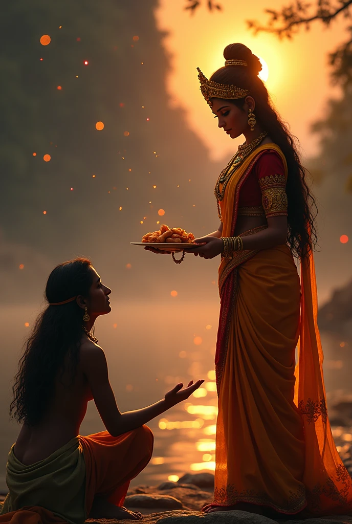 cinematic animated character art, Silhouette of indian godess of food Annapoorna giving food to a beggar, backview of beggar with long hair, godess wearing Gold and red saree, golden jewellery, ancient golden crown, smiling expression, glowing particles in atmosphere, river Ganga in background, early morning, darkness in atmosphere, mysterious vibe, colour graded, vibrant, 4khd